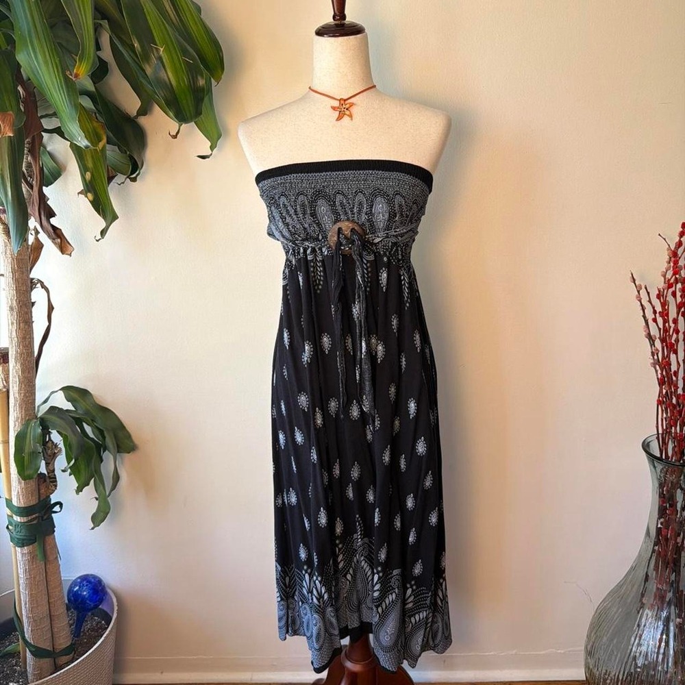 Y2K Boho Strapless Paisley Midi Dress Wood O Ring Bead Black Grey Medium